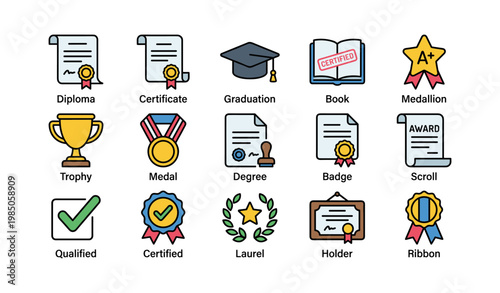 Awards and achievements icons: diploma, graduation, trophy, certificate, medal