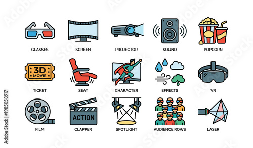 Cinema essentials: 3d glasses, projector, sound, and movie characters in action