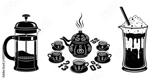 French press coffee maker ornate teapot with cups and iced beverage served in glass isolated on white background