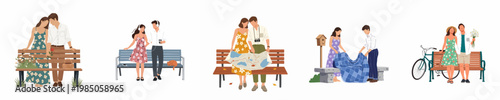 Flat vector illustration set of young couples enjoying romantic outdoor dates, activities, and leisure time together in various seasonal park settings.