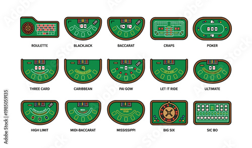 Casino table games collection: roulette, blackjack, baccarat, craps, poker