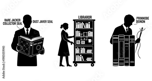 Man with rare book and librarian at bookshelf during archival research isolated on white background