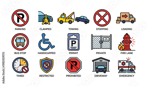 Colorful parking and traffic signs collection