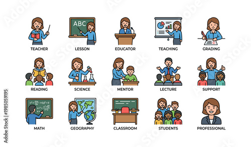 Education icons illustrating classroom activities and teacher roles