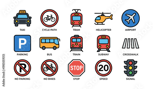 Transportation symbols: taxi, bicycle, tram, helicopter, airplane, parking, bus, train, subway, crosswalk