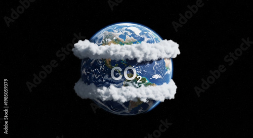 A 3D render of planet Earth surrounded by thick white clouds with the text "CO2," symbolizing the greenhouse effect and carbon dioxide buildup in the atmosphere.