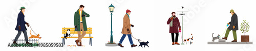 Set of men walking their pet cats on leashes in different outdoor settings, flat vector illustration.