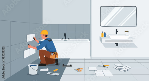Builder installing tiles during modern bathroom renovation. Tiler working on new home construction project