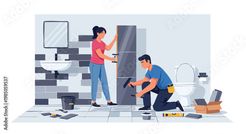 Couple laying new tiles during bathroom renovation. Home improvement and teamwork vector illustration