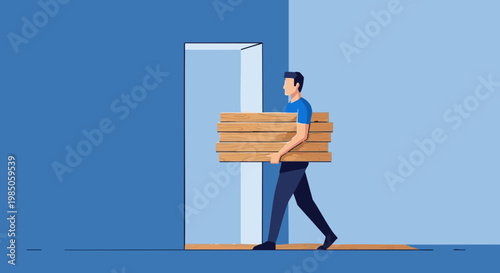 Man carrying laminate flooring planks into room for home renovation