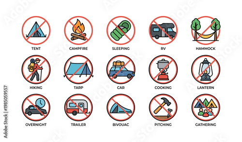 No camping symbols signifying prohibited activities in outdoor recreation