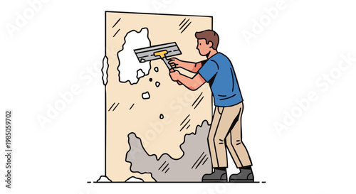 Man scraping plaster from wall with tool during home improvement