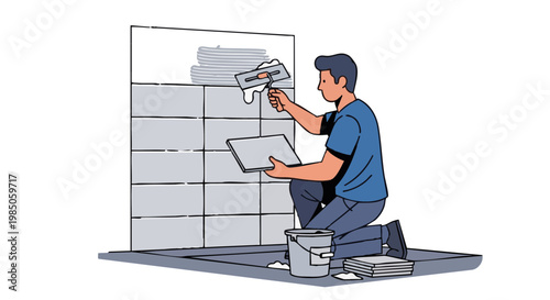 Man installing ceramic tiles on wall. Home improvement and renovation concept. Vector illustration