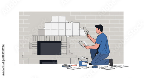 Man installing tiles on fireplace wall. Home improvement and renovation vector illustration