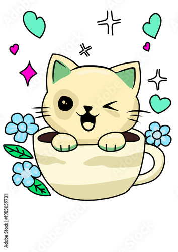 Cute cat sticker set featuring a fluffy white kitten, an orange tabby sleeping under the moon, and a playful kitty in a coffee cup. Adorable feline illustrations in flat cartoon style.
