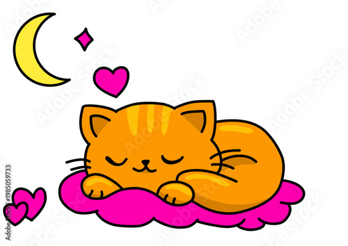 Cute cat sticker set featuring a fluffy white kitten, an orange tabby sleeping under the moon, and a playful kitty in a coffee cup. Adorable feline illustrations in flat cartoon style.