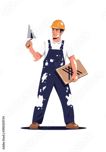 Plasterer in hard hat and dirty overalls holding trowel. Construction worker illustration