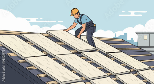 Roofer in hard hat installing thermal insulation boards on building roof with city background