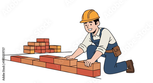 Smiling builder aligns bricks. Man in yellow hardhat and blue overalls constructs wall