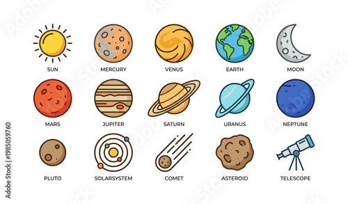 Illustrated solar system: planets, sun, and celestial objects