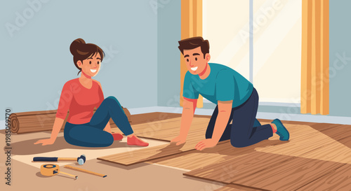 Smiling couple laying laminate flooring together at home
