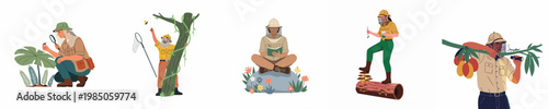 Diverse set of entomologists and naturalists studying insects, plants, and fungi in nature, featuring scientific exploration and environmental research activities.