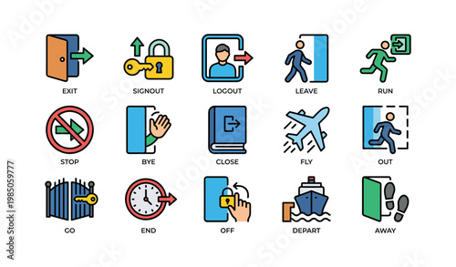 Colorful exit icons: signout, logout, departure, navigation, travel