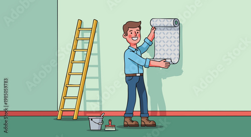Happy man applying patterned wallpaper in room. DIY home improvement concept