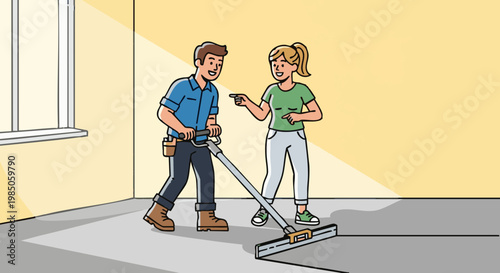 Smiling couple renovating home, worker leveling concrete floor with screed tool