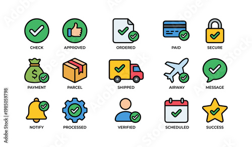 E-commerce icons set including check approved ordered and secure elements
