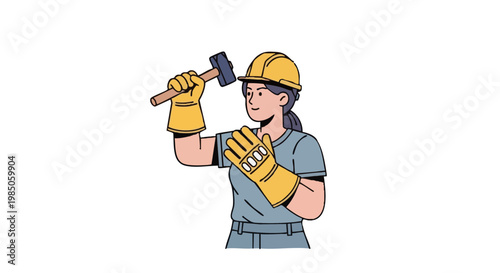 Woman construction worker with hard hat and sledgehammer illustration