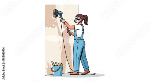 Woman in overalls sanding drywall wall with power sander. Home renovation and repair vector illustration