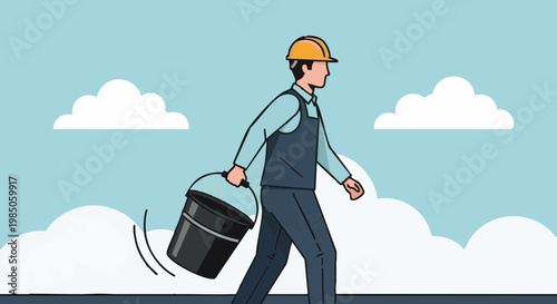 Construction worker in hard hat carrying bucket on roof