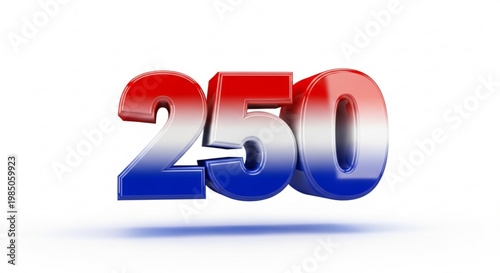 A colorful 3D illustration of the number 250 in red, white, and blue gradient colors.