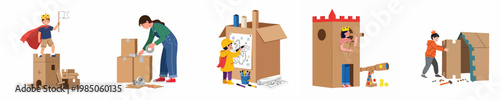 Vector illustration set of children playing and building creative structures like castles and towers using cardboard boxes, fostering imagination and DIY skills.