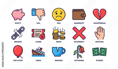 Collection of icons representing failure, sadness, and loss in various contexts