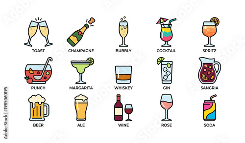 Colorful assortment of alcoholic and non-alcoholic beverages with glasses and bottles