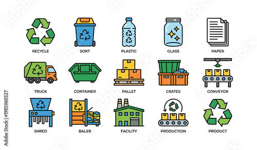 Recycling process icons: symbols for waste management and production