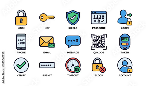 Colorful security icons including lock, key, shield, passcode, and login