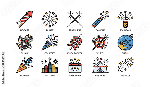 Colorful festive fireworks icons set with sparklers and confetti