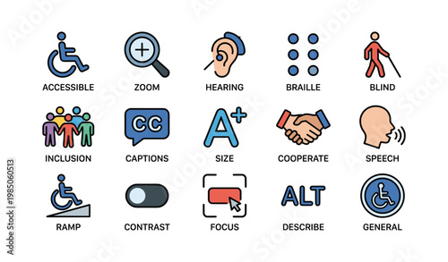 Accessibility and communication icons for inclusivity and assistive technology