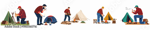 Flat vector illustrations of men in plaid shirts engaged in various camping activities, from building fires and gathering wood to setting up tents.