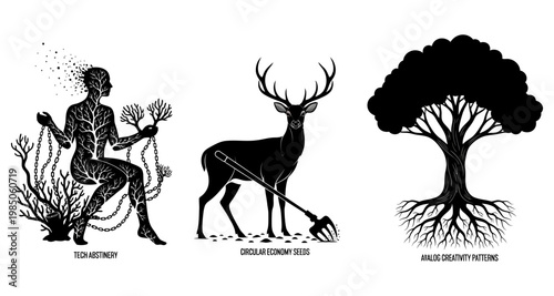 Human deer and tree silhouettes representing growth and sustainability concepts Isolated on white background