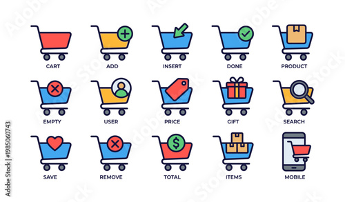 Colorful shopping cart icons for e-commerce and retail use