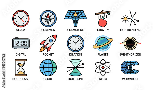 Scientific icons including rocket, atom, gravity, clock, and compass illustrating physics concepts