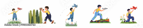 Set of illustrations featuring a young boy in denim overalls playing outdoors with various toy airplanes across different natural landscapes.