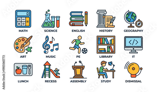 Colorful educational icons representing school subjects and activities in a fun cartoon style