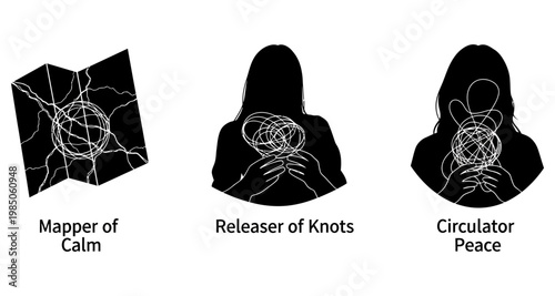 Silhouettes representing mental states with abstract energy balls isolated on white background