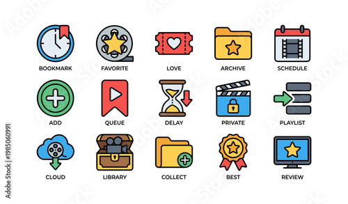 Colorful digital icons for bookmarking, scheduling, and archiving