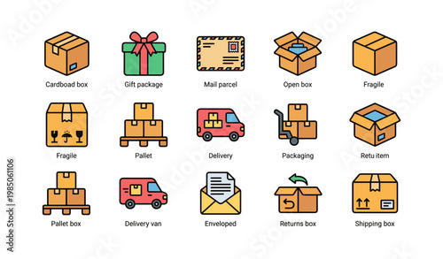 Logistics icons: delivery, packaging, shipping, mail, returns